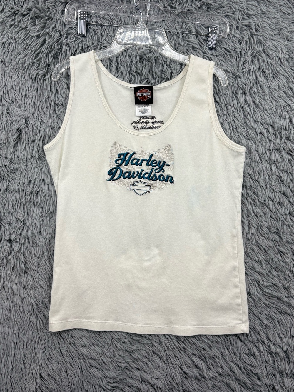 Harley Davidson Tank Top Womens XL Cream Blue Graphic Embroidered Spellout